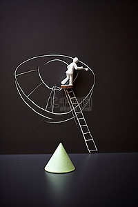 小人物用粉笔画大图形三角形和地球仪的球面