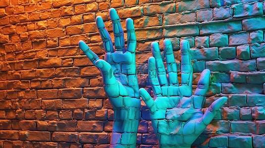 超现实主义 3D 插图中的彩色手从墙上显现出来