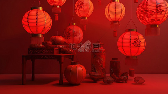 中国新年贺卡与 3d 渲染灯笼在充满活力的红色背景