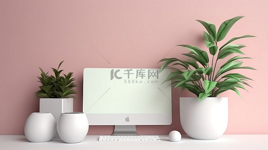 简约桌面背景背景图片_有绿色植物和白色计算机3D渲染的简约桌面