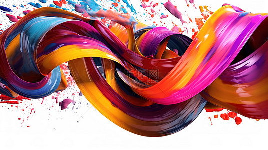 充满活力的 3D 渲染彩色抽象油漆飞溅与优雅的卷曲螺旋