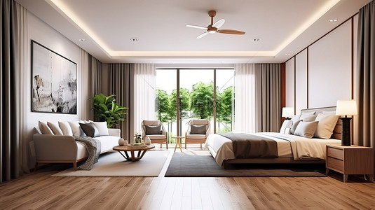 客房背景图片_酒店或公寓卧室和起居区的垂直室内设计 3D 渲染