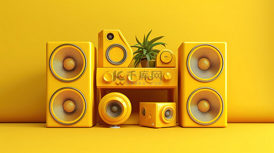黄色背景 3D 渲染的家用电器非常适合促进社交媒体促销
