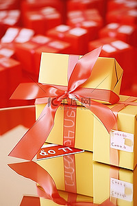 蝴蝶结标签背景图片_礼品盒顶部带有蝴蝶结的销售标签