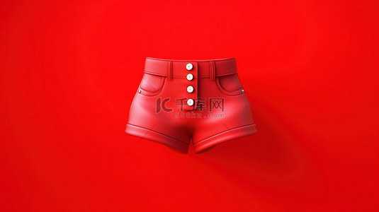 带按钮的短裤图标的红色背景 3D 渲染
