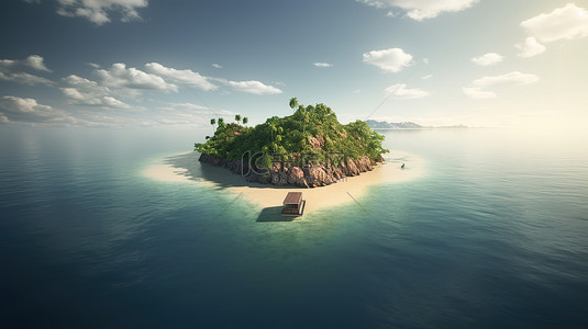 游艇漂流到一个心形的岛屿在一个僻静的天堂 3D 渲染图像