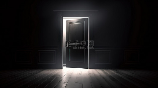 打开大门背景图片_光线通过打开的黑门流入暗室的真实 3D 渲染