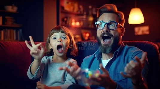 可爱父亲背景图片_照片中，一位高兴的父亲惊讶地拿着电视遥控器，与他可爱的儿子一起欣赏节目，儿子都戴着 3D 眼镜，嚼着爆米花