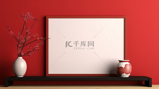 日式海报 3D 渲染的当代红色室内模型框架
