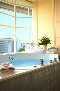 洗髮水背景图片_房间配有带毛巾的浴缸和开着的窗户