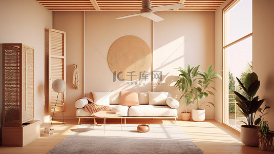 日本风格的现代室内阳光明媚的客厅设计 3D 渲染网页横幅
