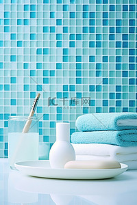 水与人背景图片_水槽后面的浴室和蓝色瓷砖墙与浴室产品和白色墙壁艺术一起工作