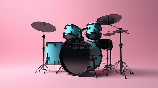 充满活力的粉红色背景上的 3D 渲染专业黑色鼓套件
