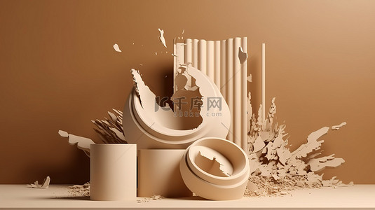 产品展示广告棕色背景 3d 渲染上破碎的白色讲台