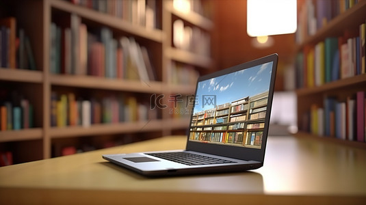 教育教学手绘背景图片_笔记本电脑屏幕上显示的在线教育和图书馆的真实 3D 渲染