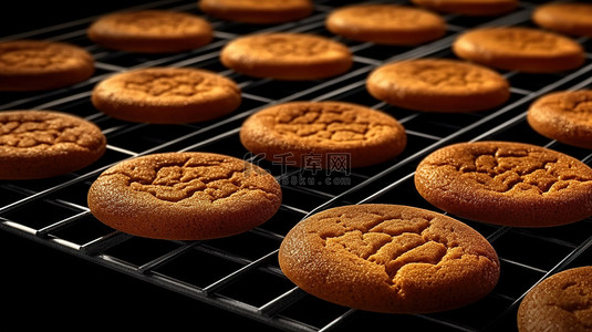 黑色背景 3D 渲染上支持姜饼干的金属烤架或烤箱网格