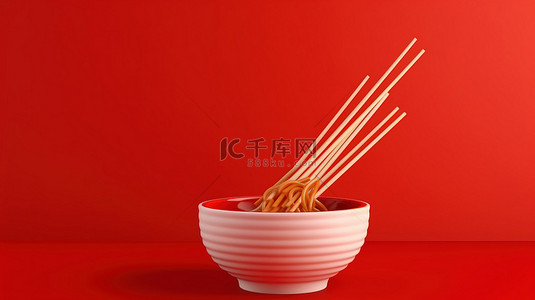 筷子套包装背景图片_红色背景上面条和飞行筷子的 3d 渲染