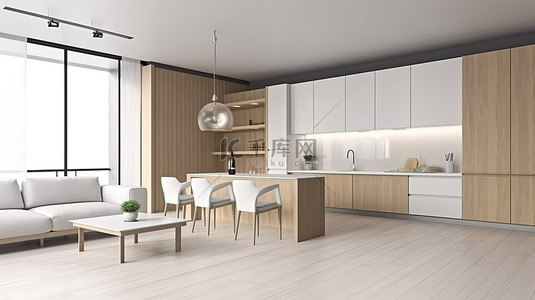家居房背景图片_美丽的木质厨房，配有白色沙发和 3D 渲染用餐区