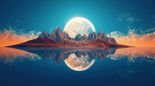 令人毛骨悚然的万圣节场景，在蓝天 3D 渲染上的镜像山上强加满月