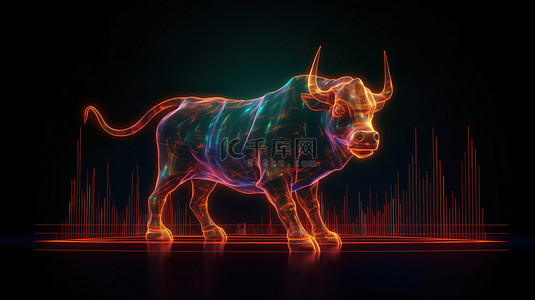 在看背景图片_3d 在外汇图表上渲染发光的公牛全息图，象征着黑暗背景下交易和投资的繁荣市场