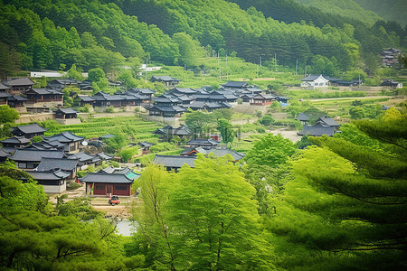 烧仙草勺子背景图片_从阳台上欣赏韩国阳川美丽的山村