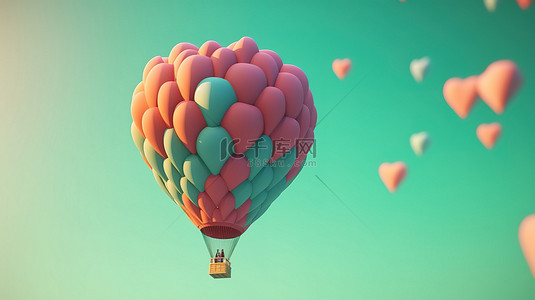 以 3d 渲染的心形热气球，用于浪漫插图