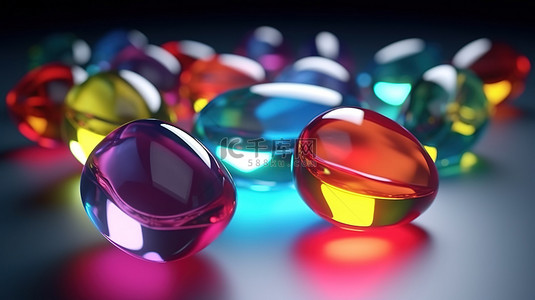具有镜头模糊效果的动态玻璃形状的充满活力的 3D 渲染
