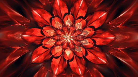 生动的 3D 插图抽象艺术与红色万花筒几何花卉设计和闪烁的灯光