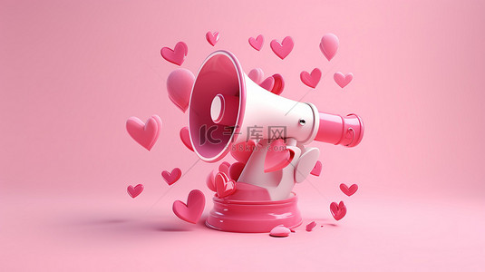 心形符号背景图片_充满爱的扩音器 3D 渲染粉色扬声器，带有心形符号