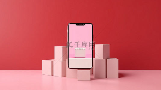 在线购物交付概念手机模型，带有空白屏幕和粉色背景 3D 渲染的盒子