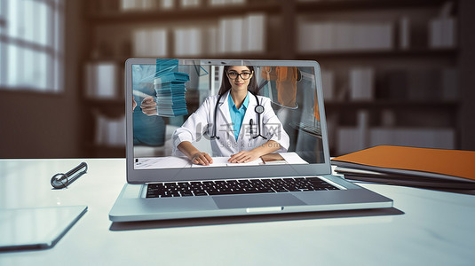 3D 合成图像，其中一位自信的女医生在办公桌上使用笔记本电脑工作
