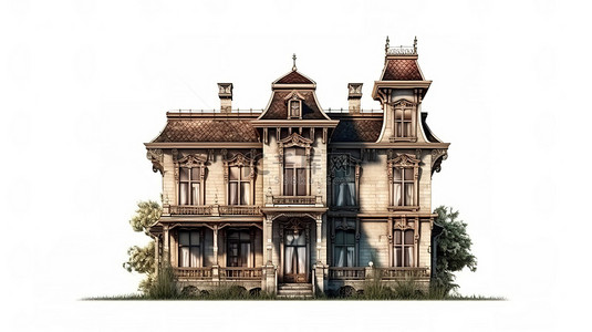 白色背景下的插图描绘了维多利亚风格的房屋，展示了使用 3D 渲染技术创建的各种角度