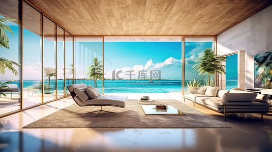 海滨生活背景图片_令人惊叹的 3D 渲染现代豪华别墅，享有海景和海滨位置