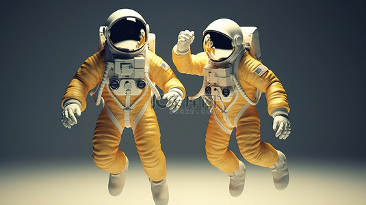 跺脚跳跃背景图片_两名欣喜若狂的宇航员在 3D 渲染插图中跳跃的设计