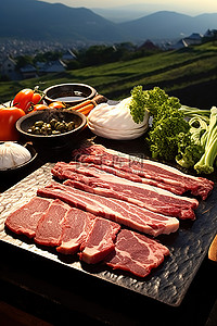 牛排美食背景图片_户外烧烤架上有一大块肋眼牛排和辣椒