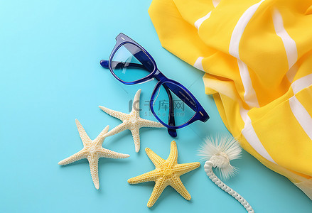 蓝色和白色的眼镜，上面有海星和太阳镜，坐在黄色地毯上