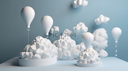 儿童纸艺手工艺品背景图片_3d 白色气球和纸艺云天空中的虚拟展示平台