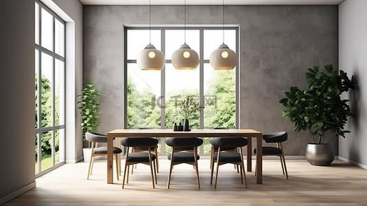 现代用餐区，配有木质窗框和 3D 渲染的灰色家具色调