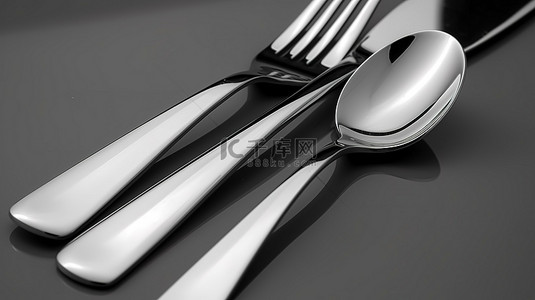 勺子刀叉背景图片_不锈钢餐具设置在光滑的灰色表面 3D 渲染上