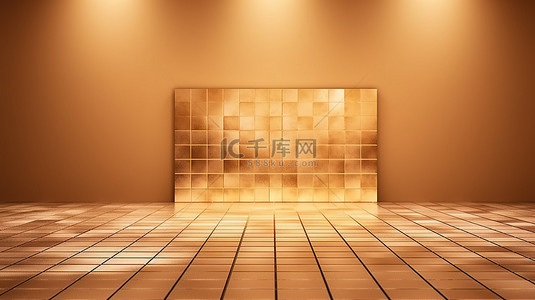 金色背景墙和发光地板，用于显示 3D 渲染模型