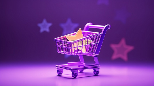 紫色背景的 3D 渲染，具有带有账单购物车和星级评论符号的在线商店