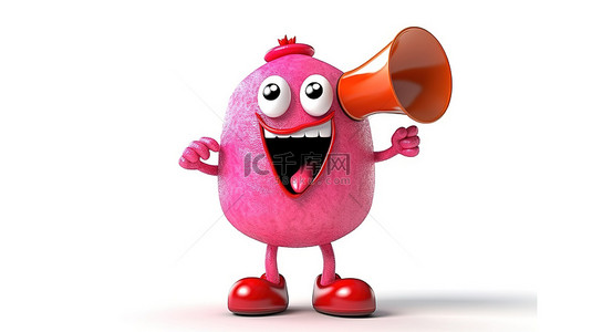 经典食物背景图片_一个大粉色釉面甜甜圈的异想天开的人物吉祥物，在 3D 渲染的白色背景下拿着经典的红色扩音器