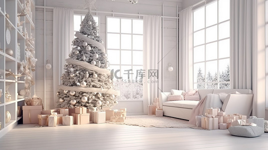 节日的圣诞节场景，带有发光的室内花环和礼物 3D 渲染
