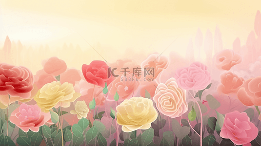 水彩花卉框背景图片_玫瑰花园叶子鲜花创意插图水彩花卉背景海报背景