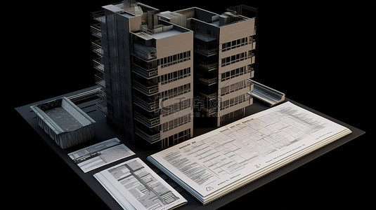 公寓建筑模型以 3d 呈现，抵押贷款申请表计算器蓝图等在黑色表面上