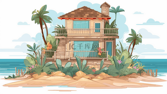 海滩边框背景图片_卡通房子植物插画