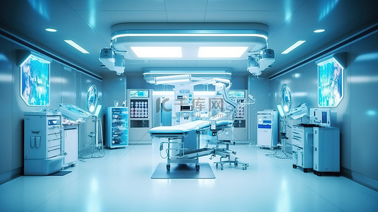 科技医疗器械背景图片_配备 c 臂和医疗工具的无菌手术室 3d 插图