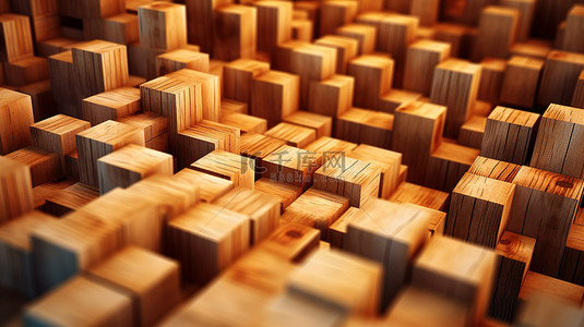 3D 渲染的抽象木立方块的强烈特写