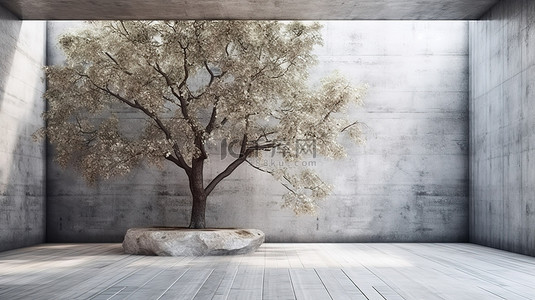 手绘树木与雪人背景图片_树木在抽象贫瘠混凝土墙和地板上的 3D 渲染