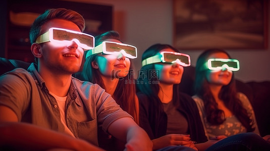 五个快乐的朋友在家里的沙发上享受 3D 电影之夜
